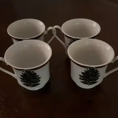 Sale Photo Thumbnail #30: Set of 4 Holiday ribbon and Christmas tree teacups
