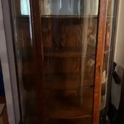 Sale Photo Thumbnail #17: Antique tiger oak curved glass curio cabinet