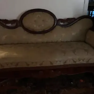 Sale Photo Thumbnail #3: Mid-19th-century Victorian-era carved wood settee with damask upholstery