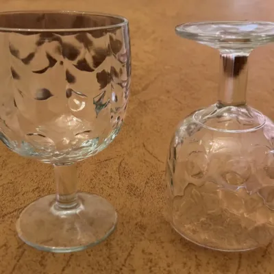 Sale Photo Thumbnail #37: Set of 8 vintage clear glass thumbprint pattern water goblets