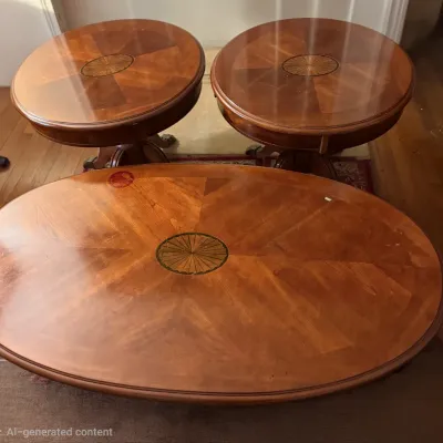 Sale Photo Thumbnail #23: Mid-century style walnut veneer coffee and side table set