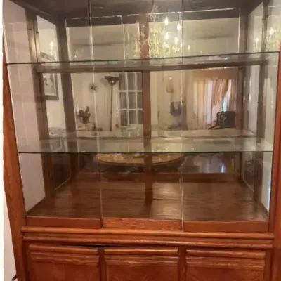 Sale Photo Thumbnail #18: Mid-century style oak China cabinet with glass shelving