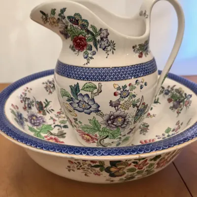 Sale Photo Thumbnail #49: Antique floral wash basin and pitcher set