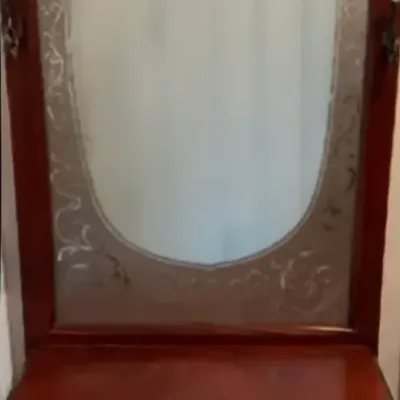 Sale Photo Thumbnail #20: Vintage wood hall tree with etched mirror and lower shelf