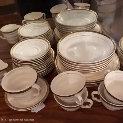 Sale Photo Thumbnail #27: Vintage white and gold rimmed dinnerware set