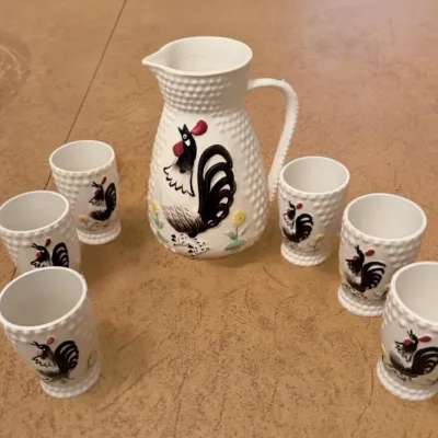 Sale Photo Thumbnail #33: Vintage hobnail rooster pitcher and 6 matching mugs