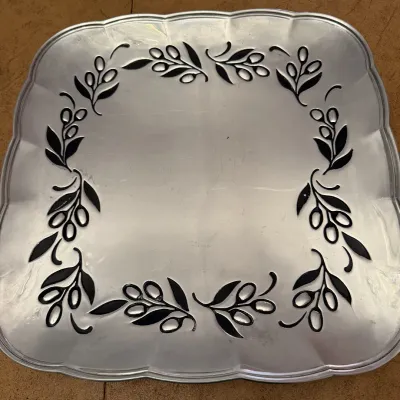 Sale Photo Thumbnail #36: Square aluminum serving tray with olive branch motif