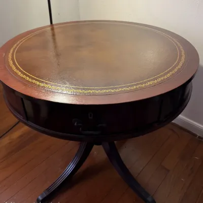 Sale Photo Thumbnail #22: Vintage mahogany drum side table with leather inlaid top