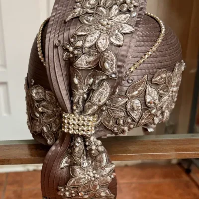 Sale Photo Thumbnail #53: Brown satin and embroidered floral-embellished church hat