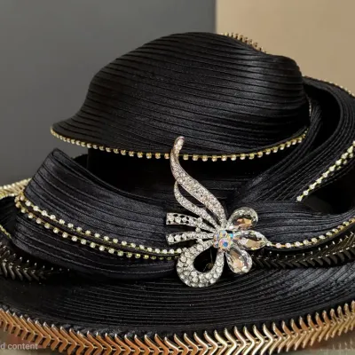 Sale Photo Thumbnail #52: Black pleated wide-brimmed church hat with rhinestone embellishment