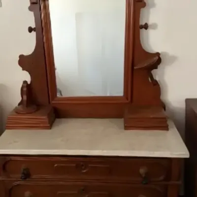 Sale Photo Thumbnail #19: Victorian walnut marble top dresser with arch mirror