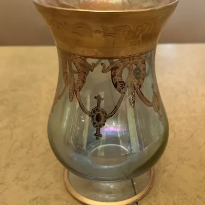 Sale Photo Thumbnail #48: Smoky blue iridescent glass vase with gilt enamel decorations