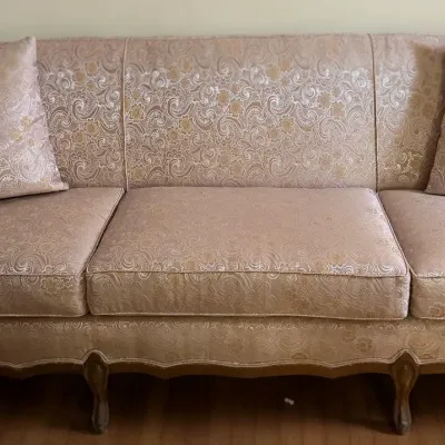Sale Photo Thumbnail #6: Vintage pink damask upholstered three seater sofa