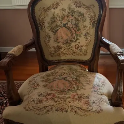 Sale Photo Thumbnail #5: Louis XV style walnut fauteuil armchair with floral tapestry