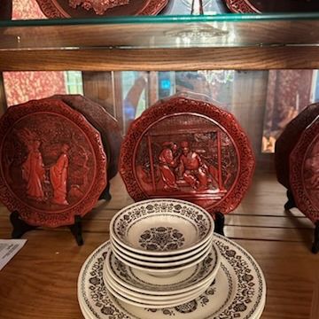 Royal China Wellesley dishes, The Legend of the Peacock Maiden by Royal Cornwall decorative red carved plates


