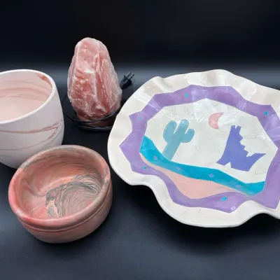 Himalayan Salt Lamp Fall Creek Falls Clay Bowls & Hand Painted Southwest Wolf Platter