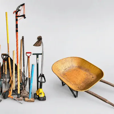 Yard and Garden Tools Collection with Wheelbarrow