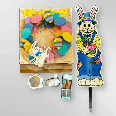 Easter Bunny Yard Sign, Wreath, Spreaders, and Ceramic Figurines Set