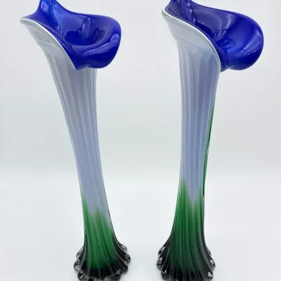 Murano Collection Hand Blown Lilly Blue & Green Glass Jack In The Pulpit Vase Pair