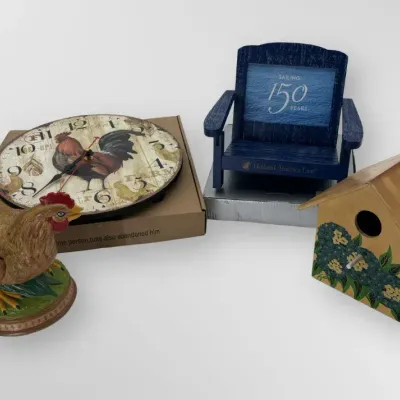 Rustic Farmhouse Rooster Wall Clock, Birdhouse, and Holland America Line Photo Frame