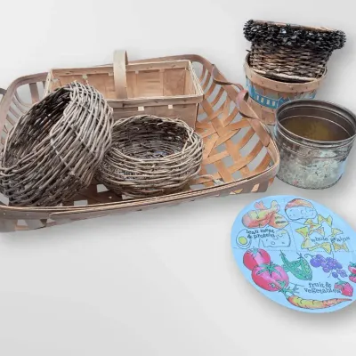 19th Century Handmade Baskets and Decor- oven Trays, Grapevine Nest Baskets, and Vintage Metal Tin