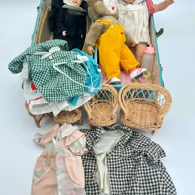 Vintage Doll Trunk Toy Lot with Wicker Furniture, Nun Doll, Baby Doll, and Clothing