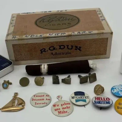 R.G. Dun Cigar Box, Victorinox Swiss Card, Cufflinks, and Collectible Pins