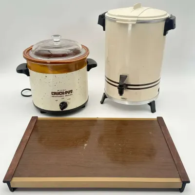 Rival Crock-Pot Removable Server, West Bend Coffee Urn, and Wood-Tone Warming Tray