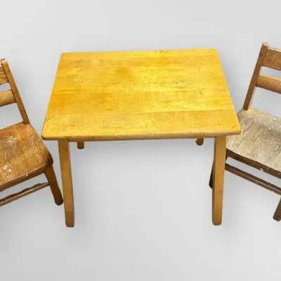 Vintage Mid Century Solid Wood Childrens Play Table and Two Chair Activity Set