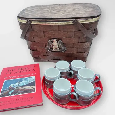 Schaefer Beer Vintage Canco Metal Tray Little Mug Walker China & Eagle Picnic Basket Americana