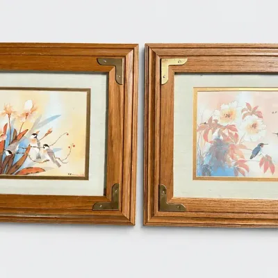 Chinese Silk Embroidery Hummingbird and Chickadee Signed Art Prints Pair