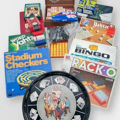 Board Games and Cards Lot with Stadium Checkers, Qubic, Yahtzee, and Rigoletto Cigar Box