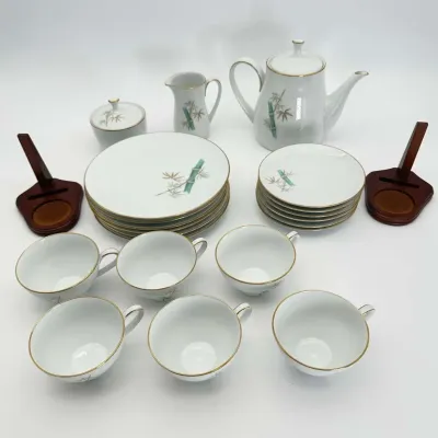 Noritake "Oriental" Porcelain Coffee and Tea Set with Wooden Stands