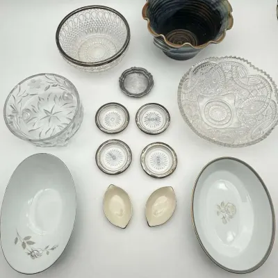 Noritake Sweet Talk & Blair Rose China, International Silver Co. Coasters, and Crystal Bowl