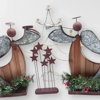 Rustic Wooden Metal Angel Statues Candelabra & Star Garden Stake Christmas