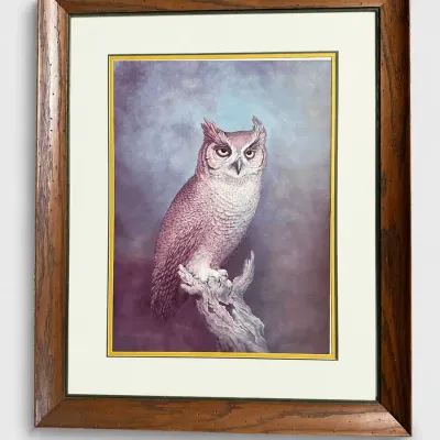 Vintage Great Horned Owl Textured Matted and Framed Art Print