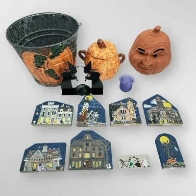 Halloween Decor: Painted Galvanized Bucket, Terracotta Pumpkin, and Wooden Spooky Village