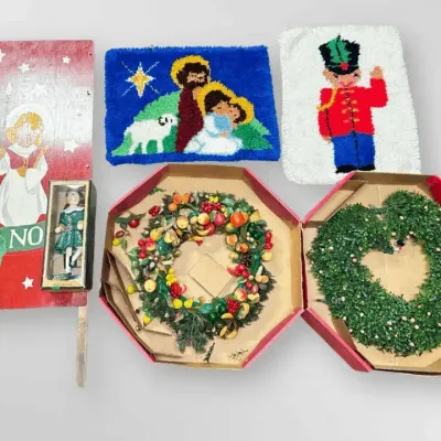 Holiday Christmas Decor Bundle with Nutcracker Village Doll, Faux Wreaths, & Latch Hook Art