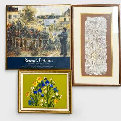 Renoir Exhibition Poster Framed Crewel Embroidery and Pressed Botanical Art 