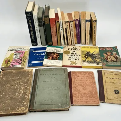 Mixed Book Lot Antique Textbooks Ian Fleming Hemingway Mark Twain