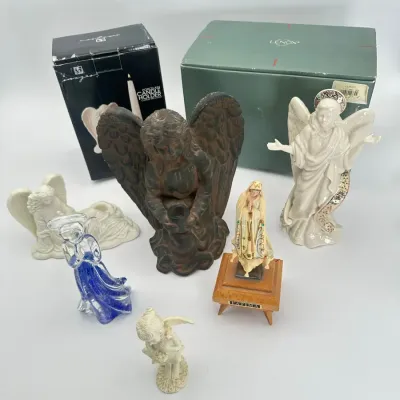 Lenox China Jewels Angel of Light Figurine, Our Lady of Fatima Music Box, and Angel Statues Decor