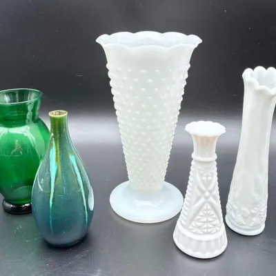 Fenton Hobnail White Milk Glass Canadian Drip Glaze Ceramic & Emerald Glass Vase Collection