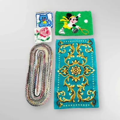 Handmade Latch Hook Wall Hangings and Multi-Color Oval Braided Rug Textile Craft