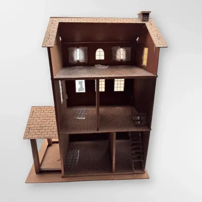 Vintage Handmade 3-Story Wooden Dollhouse With Furniture & Rug Accessories