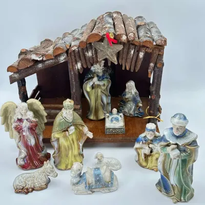 Ceramic Christmas Nativity Scene Set Hand-Painted Figures with Rustic Wooden Stable Creche