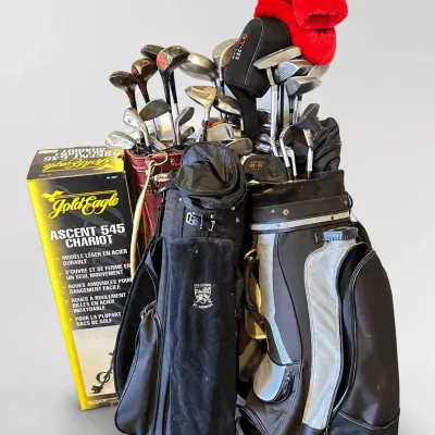 Mixed Brand Golf Clubs Set with Bags and Gold Eagle Golf Pull Cart
