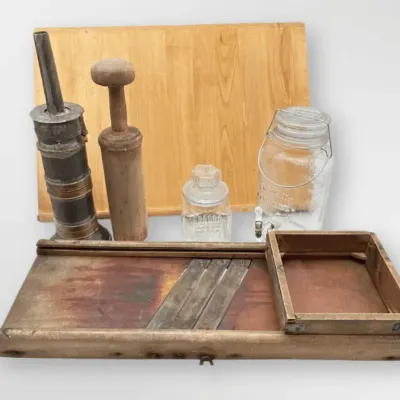 Antique Wooden Kraut Cutter Glass Drink Dispenser Pastry Tamper & Cutting Board Primitive