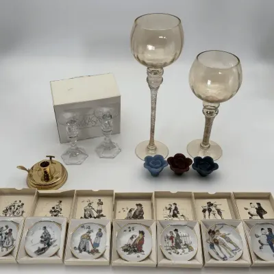 Charisma Amber Luster Hurricane Stem Candlesticks Norman Rockwell Miniature Plates Mikasa Crystal 