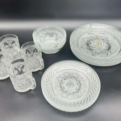 Luminarc USA Vintage Clear Pressed Glass Starburst Diamond Dinnerware Set