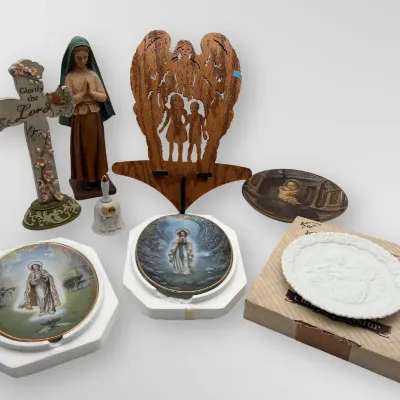 Fenton Mother's Day Plate, Bradford Exchange Catholic Plates, and Religious Statues Decor